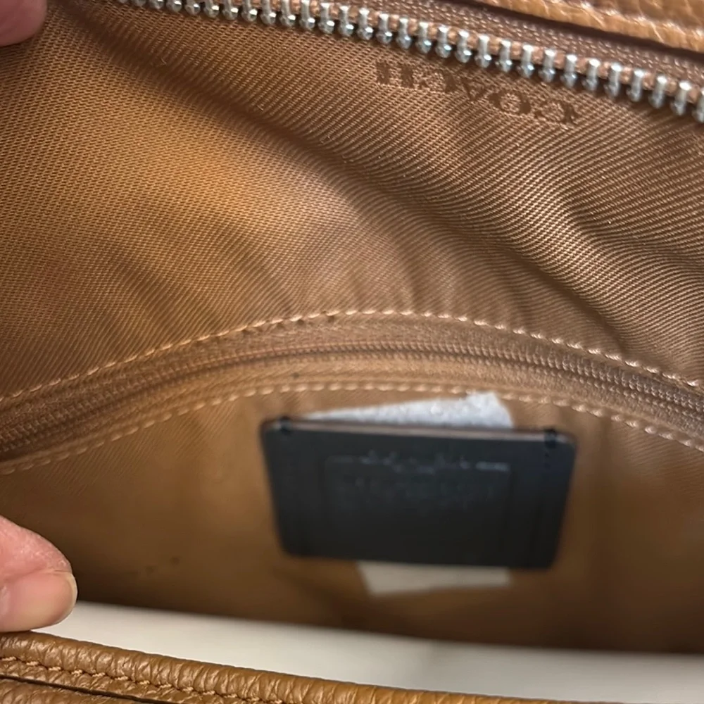 Coach Tan Leather Messenger Bag with Pebbled Texture